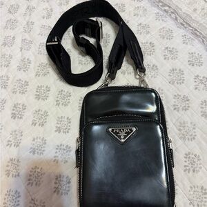 Prada Black Patent Leather Crossbody Pouch with Logo Triangle